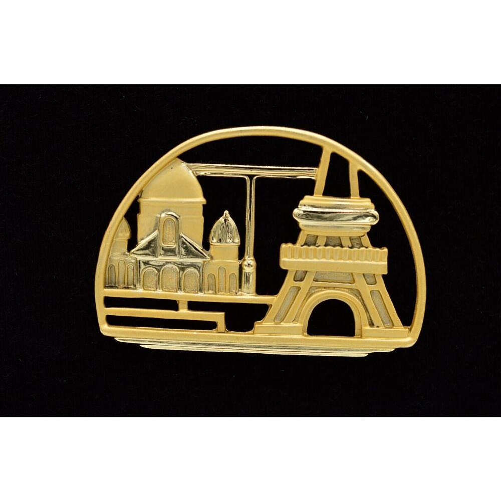 AJC Vintage France Pin Brooch Brushed Gold Eiffel Tower Travel Signed 1980s BinB